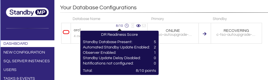 Screenshot Dbvisit Standby working oracle database configuration with tooltip