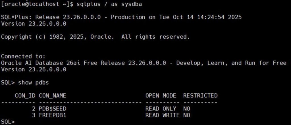 Screenshot Oracle AI Database 26ai