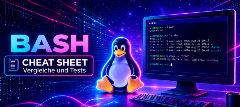 Headergrafik Cheat Sheet Bash - Vergleiche, Tests